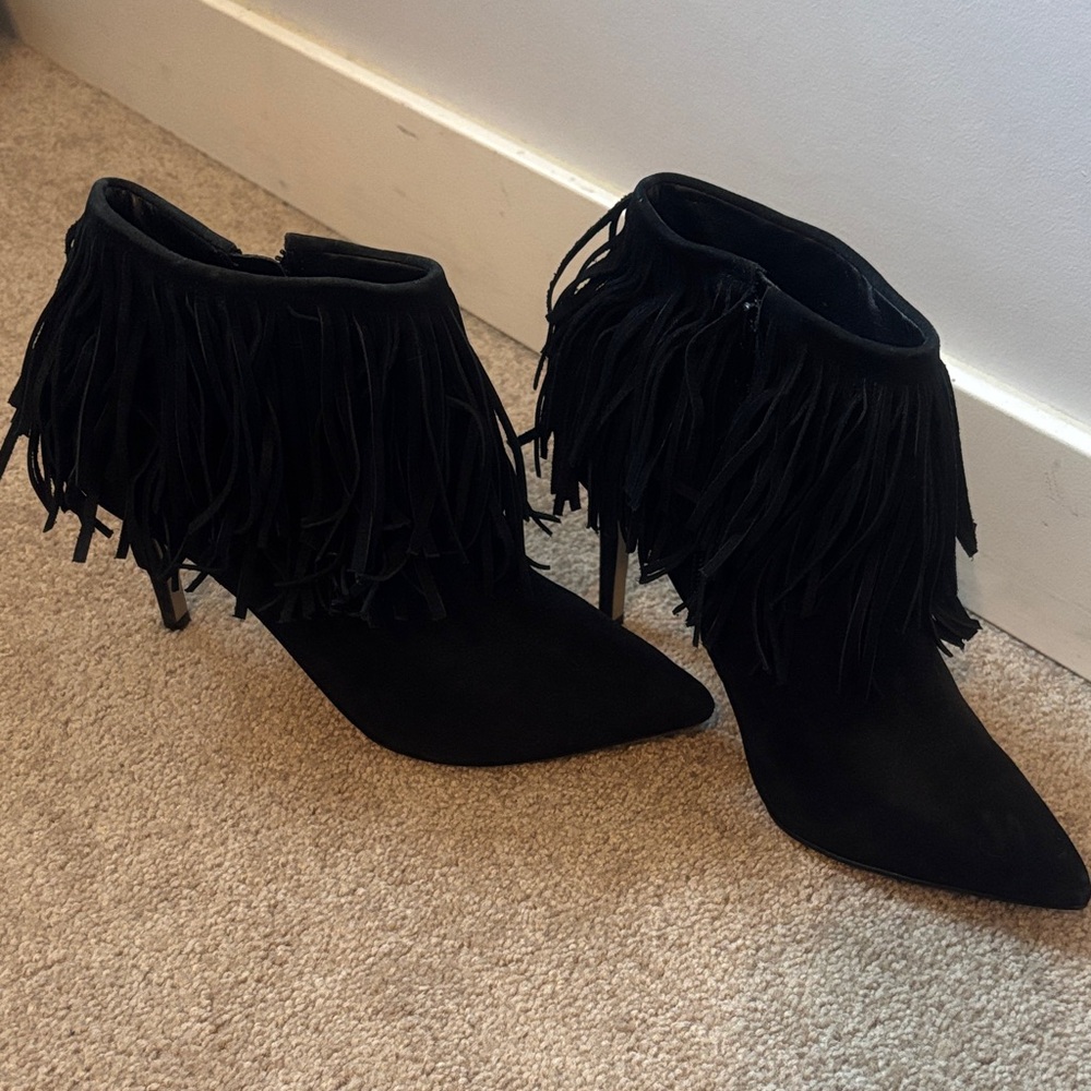 Brian Atwood Black Suede Fringe Pointed-Toe Ankle Boots